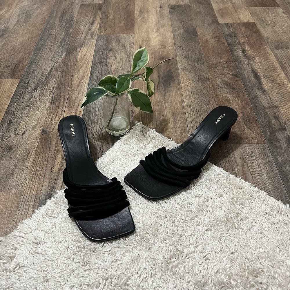 Frame Size 9 (40) Black Square Toe Suede Straps Le Tonga Heel Sandals